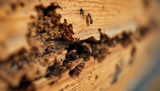 Close-up of termites crawling through damaged wooden beams, showing deep grooves and tunnels caused by their infestation.