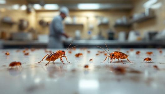 Cockroaches crawling across a stainless-steel surface in a commercial kitchen, with a blurred chef working in the background.