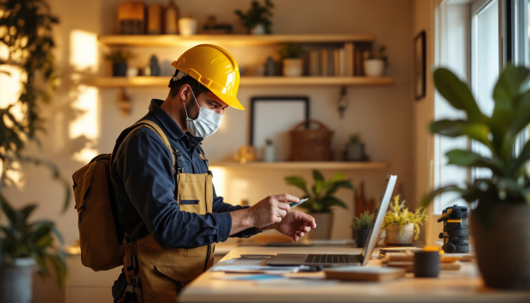 Construction worker wearing a yellow hard hat and face mask uses a laptop and smartphone at a home workspace, with tools and plants on a wooden desk in a well-lit room.