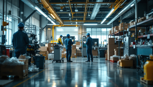 Interior of a large, modern warehouse or factory with workers in blue uniforms and hard hats managing cardboard boxes and inventory on shelves.