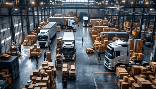 Overhead view of a busy distribution warehouse where several tractor-trailers are being loaded among tall stacks of cardboard boxes and pallet-moving workers