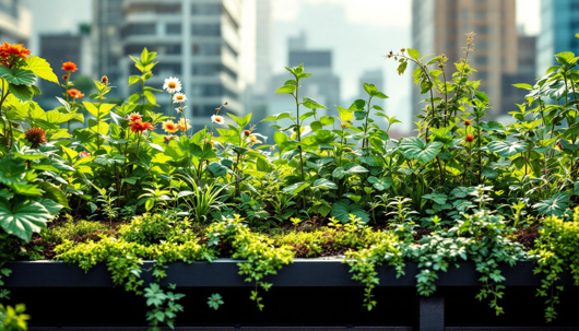 Lush rooftop garden with green plants and colorful flowers growing in a raised planter against a backdrop of tall city buildings.