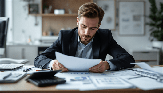 Man in suit reviewing documents at desk with charts and calculator.