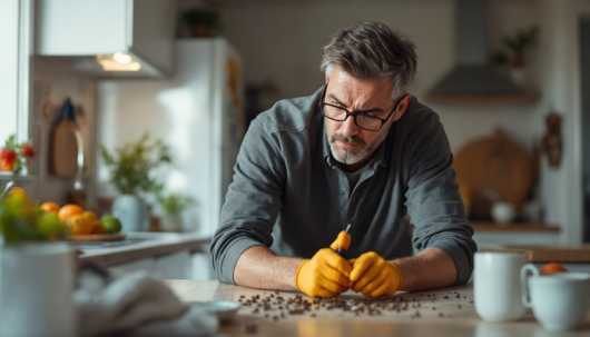 Man wearing gloves closely inspecting small insects on a kitchen countertop, suggesting an indoor pest problem in a home environment.