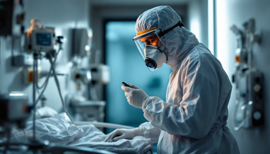 Medical worker in full protective gear, including a respirator and face shield, examining a vial beside a hospital bed in an intensive care unit.
