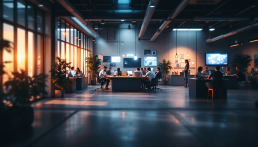 Modern open office with teams working at desks during sunset, with large windows, warm lighting, and digital screens on the walls.