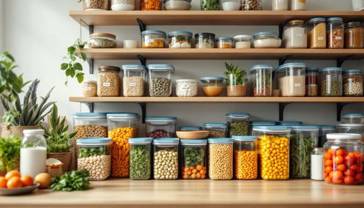 Organized pantry shelves with labeled glass containers holding grains, beans, herbs, and dried foods, illustrating clean and well-stored kitchen ingredients.