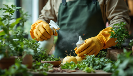 Person wearing yellow gloves spraying a natural pest control solution on indoor plants, with small insects visible around the leaves.