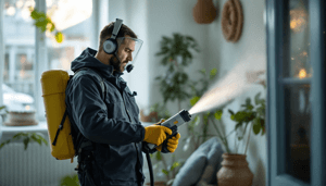 Pest control technician wearing protective gear and a respirator spraying treatment inside a residential home.