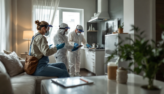 Technicians wearing full protective suits and face shields conduct an inspection inside a modern apartment kitchen while a seated resident takes notes.