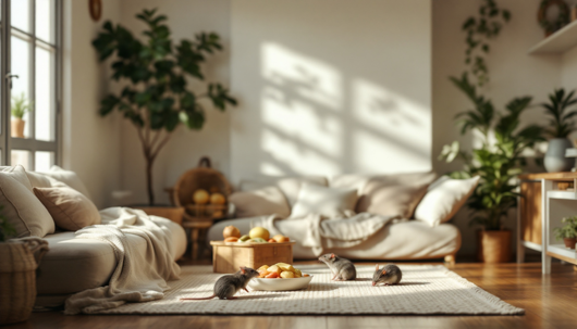 Three small mice eating fruit from a bowl on a rug in a bright, cozy living room with neutral sofas, wooden floors, and potted plants.