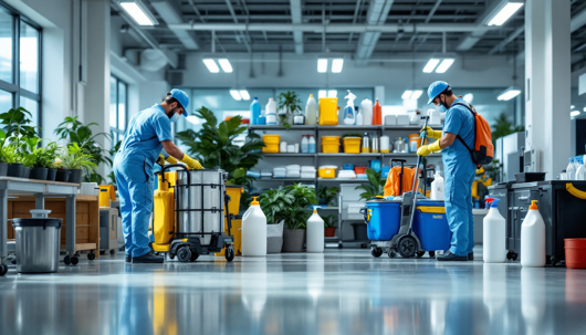 Two janitors in blue uniforms clean a bright industrial facility, using carts and floor-cleaning equipment with shelves of supplies and green plants in the background.