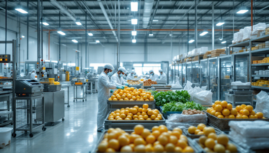 Workers in protective clothing sort and prepare fresh produce on stainless steel tables inside a large food processing facility.