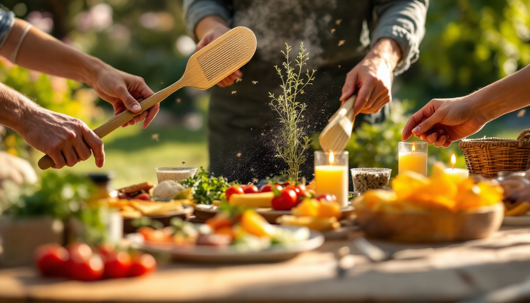 People gathered around an outdoor table preparing food.