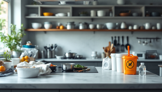 Bright, organized kitchen with wooden shelves, potted plants, and neatly arranged jars of ingredients on a clean countertop.