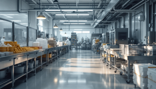 Clean industrial food production facility with stainless steel worktables, trays of prepared food, and workers in protective clothing operating equipment in a bright, organized processing area.