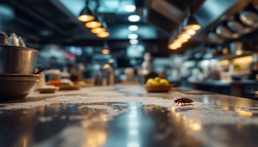 Cockroach crawling across a stainless steel countertop in a commercial kitchen, with cooking equipment, utensils, and overhead lights blurred in the background.