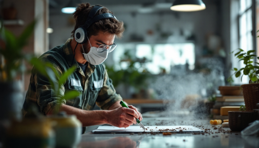 Worker wearing a face mask, safety glasses, and headphones carefully cuts or marks material at a worktable in an indoor workshop, with plants and tools visible in the background.