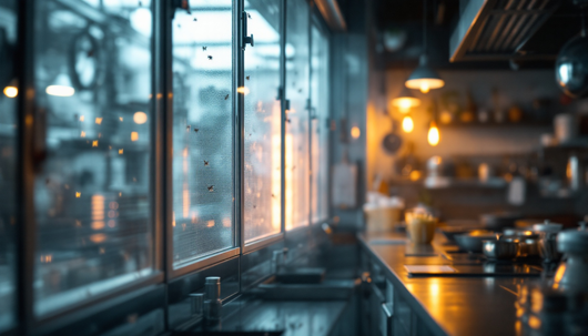 A dimly lit commercial kitchen window covered with small flies, with blurred utensils and warm lights in the background