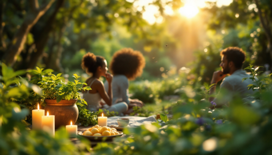 Three people sit in a sunlit garden with lit candles, a small pot of herbs, and a plate of yellow spheres while mosquitoes hover in the background
