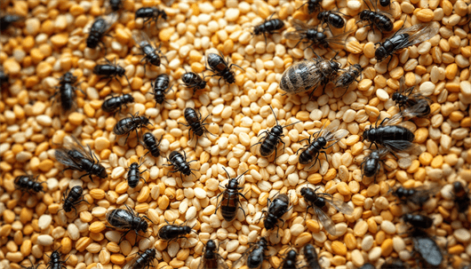 Close-up of dozens of shiny black grain beetles crawling among scattered yellow and white cereal kernels.