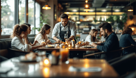 Server presenting dishes to a group of people dining together in a warmly lit modern restaurant