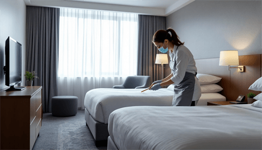 A masked hotel housekeeper in gloves and apron smooths the white linens on one of two neatly made beds in a bright guestroom, with a TV on a wooden dresser and sheer curtains filtering daylight in the background.