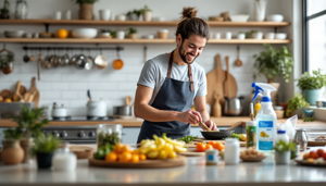 A cheerful man in an apron prepares food in a bright, modern kitchen filled with fresh fruits, herbs, and kitchenware