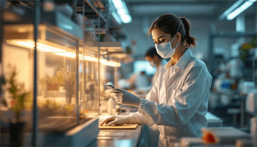 A masked lab technician in a white coat and gloves holds a smartphone and makes notes beside illuminated plant growth chambers in a sterile research facility.A masked lab technician in a white coat and gloves holds a smartphone and makes notes beside illum