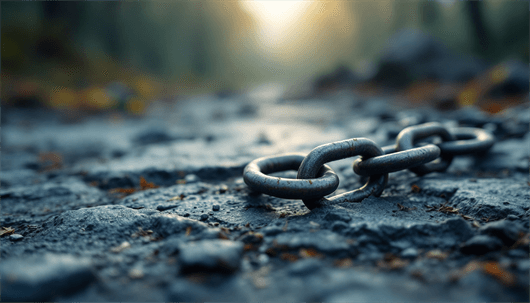 Close-up of a metal chain lying on a rough, rocky surface with a blurred forest background.