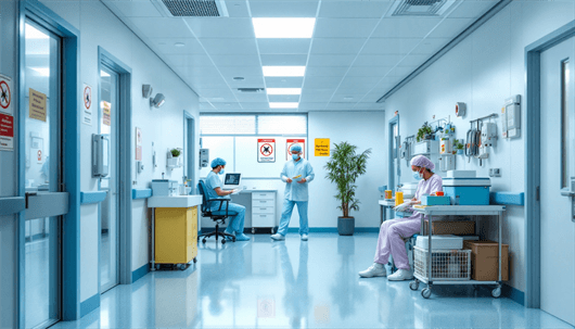 A clean, modern hospital hallway with medical staff in scrubs and masks attending to tasks and equipment.