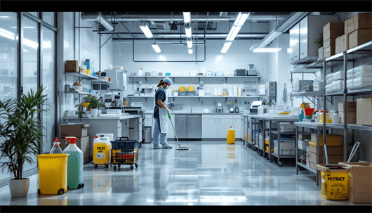 A person in a uniform and hairnet cleans the floor of a modern, sterile laboratory or cleanroom filled with equipment and supplies on white shelves.