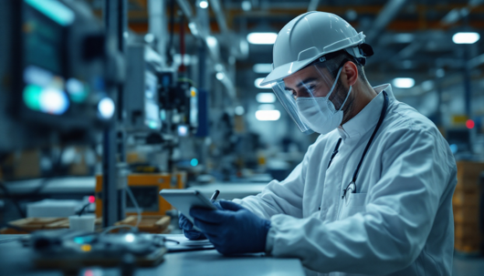 a photograph of a pest control technician conducting an audit in a facility, showcasing them inspecting equipment and documenting findings, with a focus on professionalism and attention to detail, photographic, realistic, for a startup's blog, low saturati
