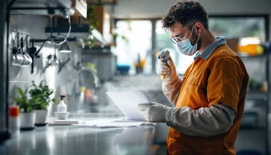 A masked man in gloves inspects paperwork while holding a temperature scanner in a kitchen environment