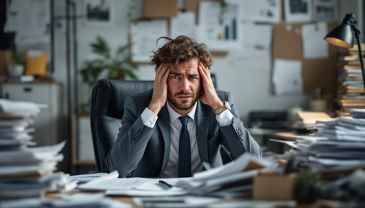 A stressed businessman in a messy office, holding his head in frustration
