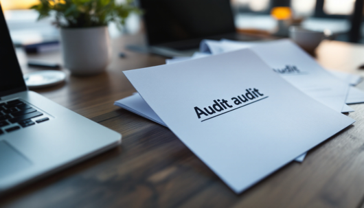 A close-up of a stack of papers on a wooden office desk with the words "Audit audit" printed on the top page, next to a laptop and a plant in the background