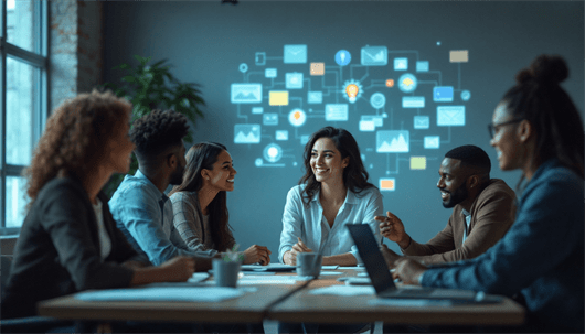 A diverse group of professionals in a modern office having a lively meeting with a digital data visualization projected on the wall behind them.