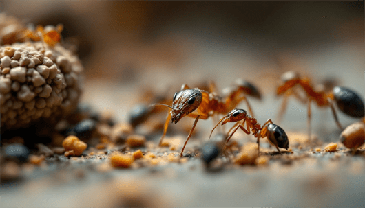 A macro photograph of several reddish-brown ants gathering around food particles on the ground.