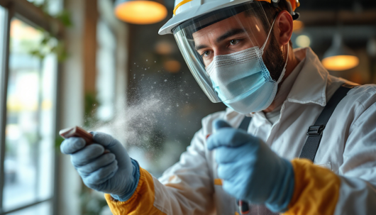 A worker in a protective suit, face shield, and mask sprays disinfectant indoors