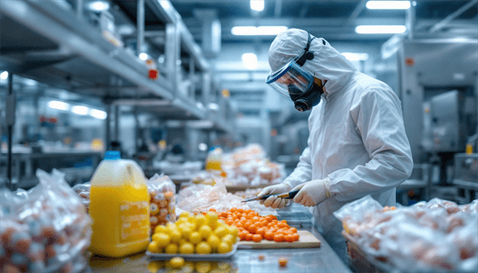 A single worker in a full white protective jumpsuit, hood, face shield, respirator, and gloves stands at a metal table, carefully slicing small orange cherry tomatoes on a cutting board, with a large jug of juice and piles of fruit in clear bags nearby.
