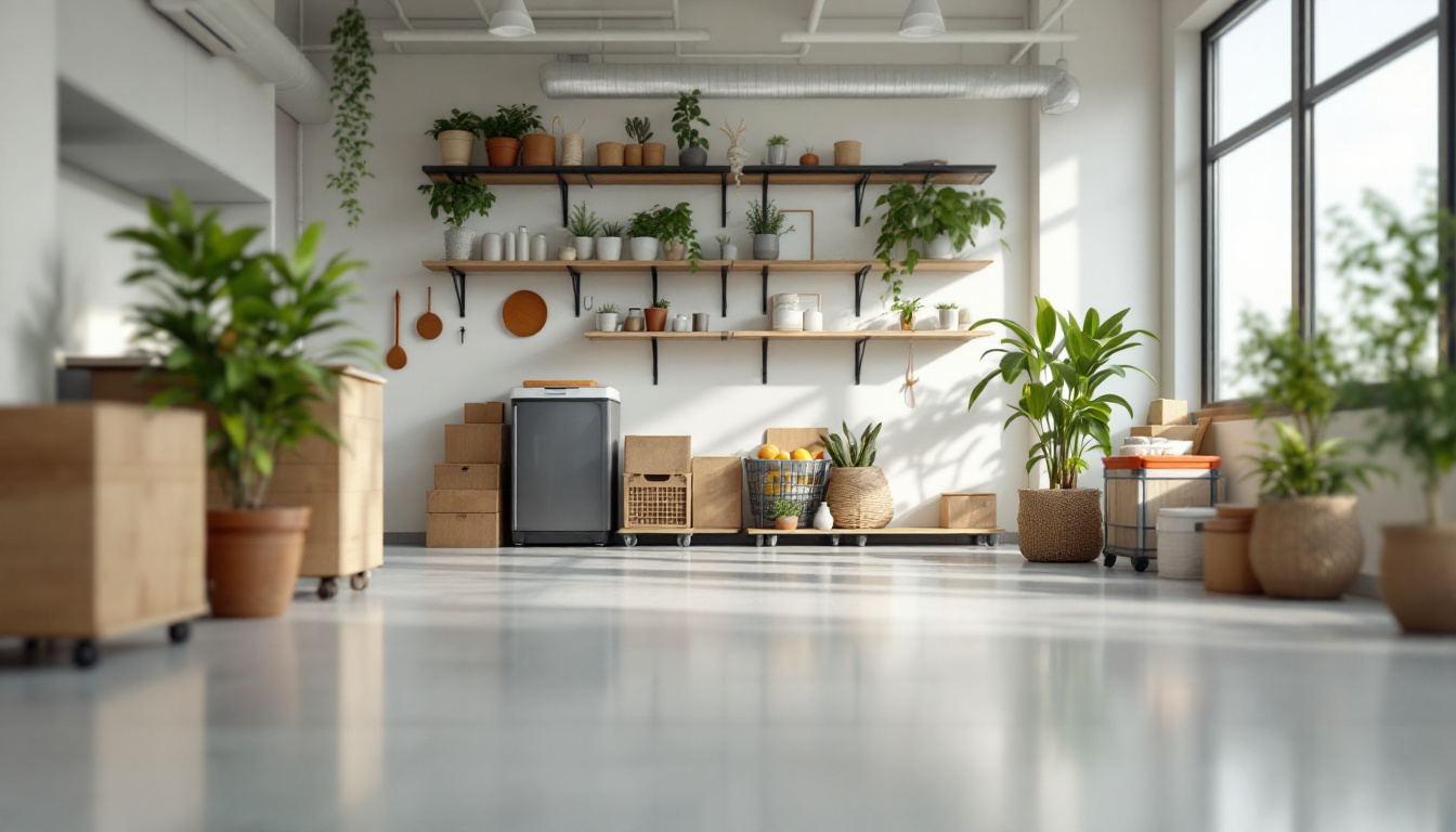 A bright, minimalist indoor space with large windows, houseplants, shelves, and organized wooden storage boxes.