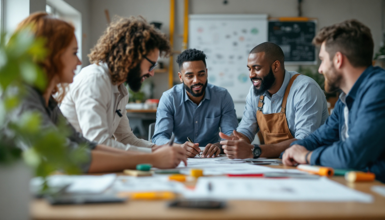 A cheerful team meeting takes place around a table covered in paperwork, with pest diagrams and analytics posters hanging in the background