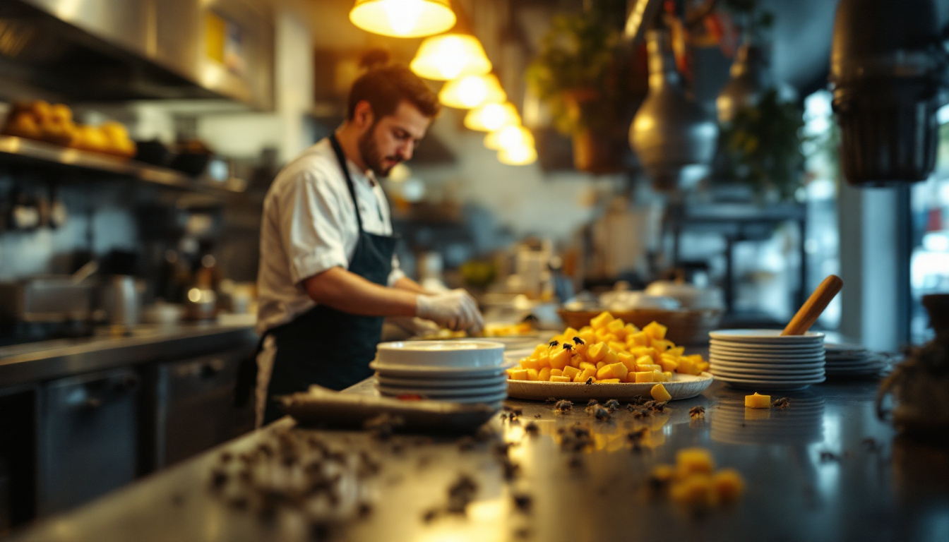 A chef in an apron cuts ingredients on a stainless steel counter filled with chopped vegetables and kitchen tools.