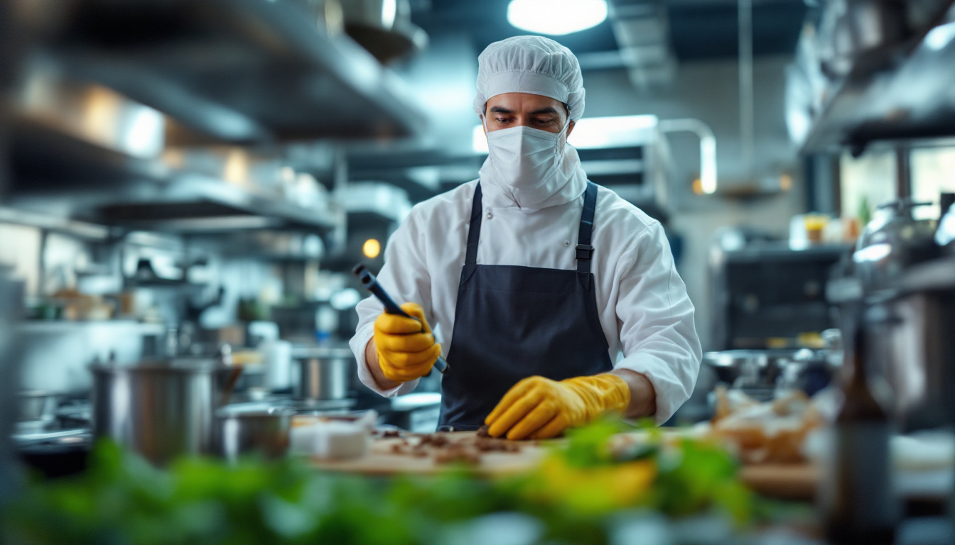 A chef in full sanitary gear—hairnet, face mask, apron, and yellow gloves—carefully chops food on a prep board in a stainless-steel kitchen.