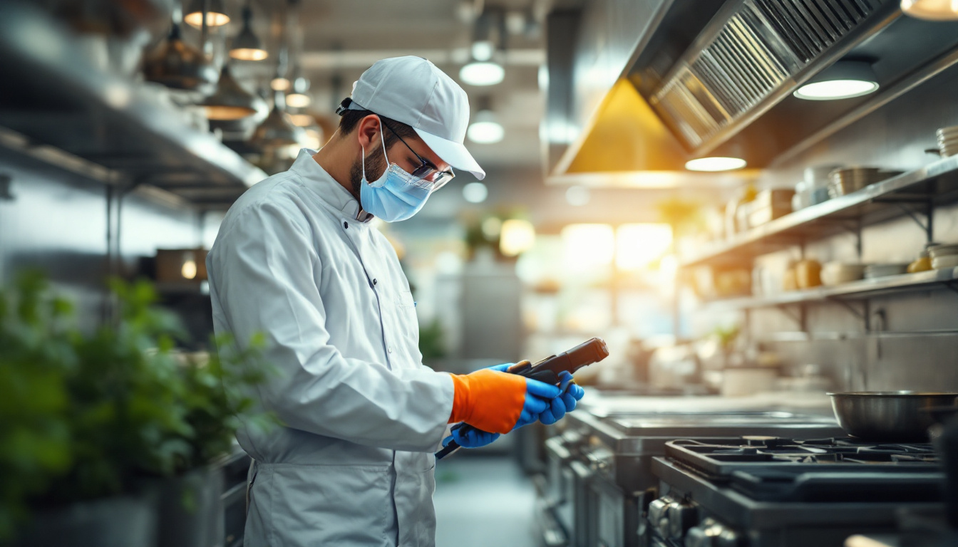 A chef wearing protective gloves and mask checks pest control equipment in a restaurant kitchen.