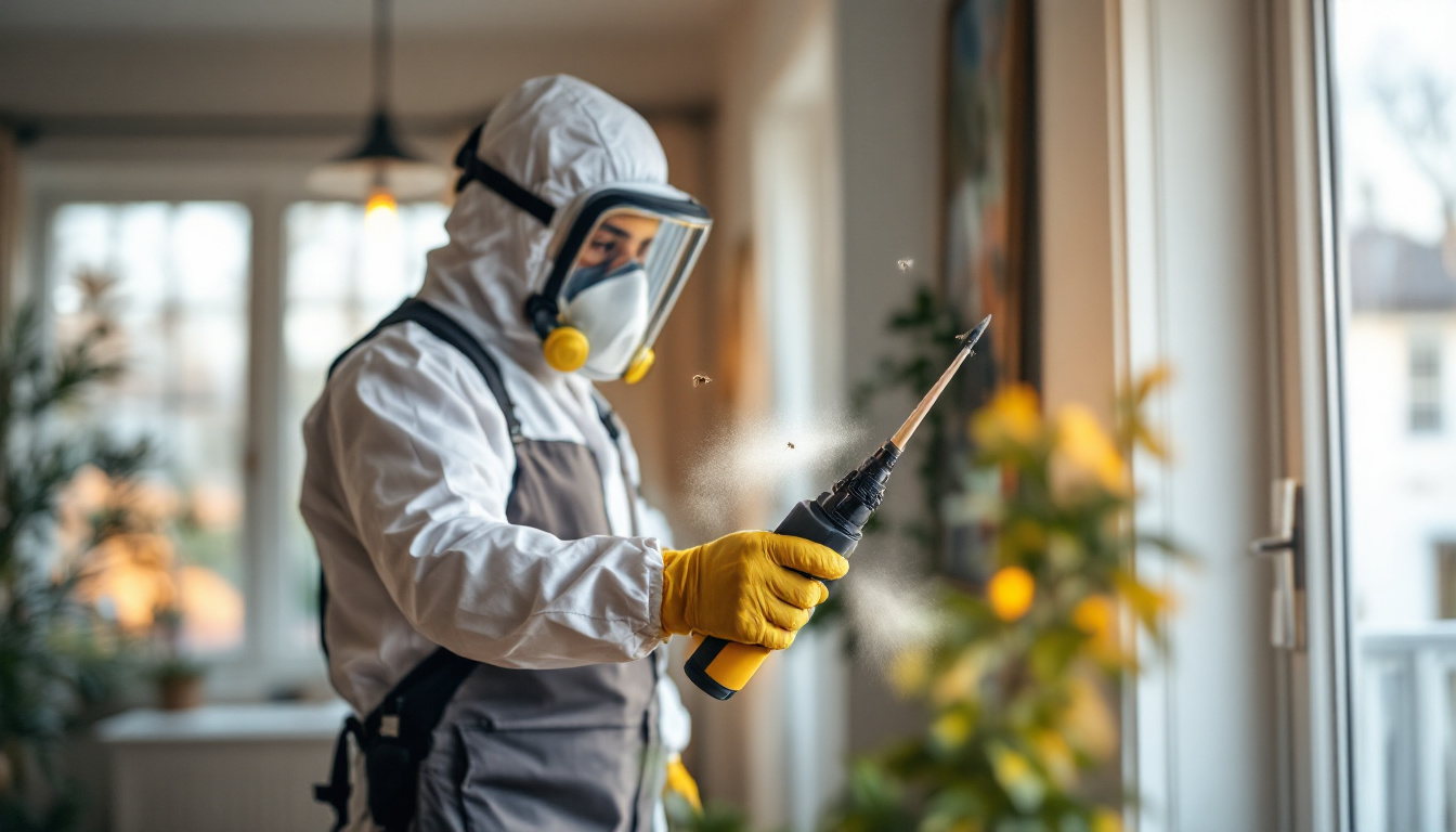A close-up of a pest-control worker in full protective gear and yellow gloves directing a spray wand at flying insects inside a room, with fine mist particles in the air.