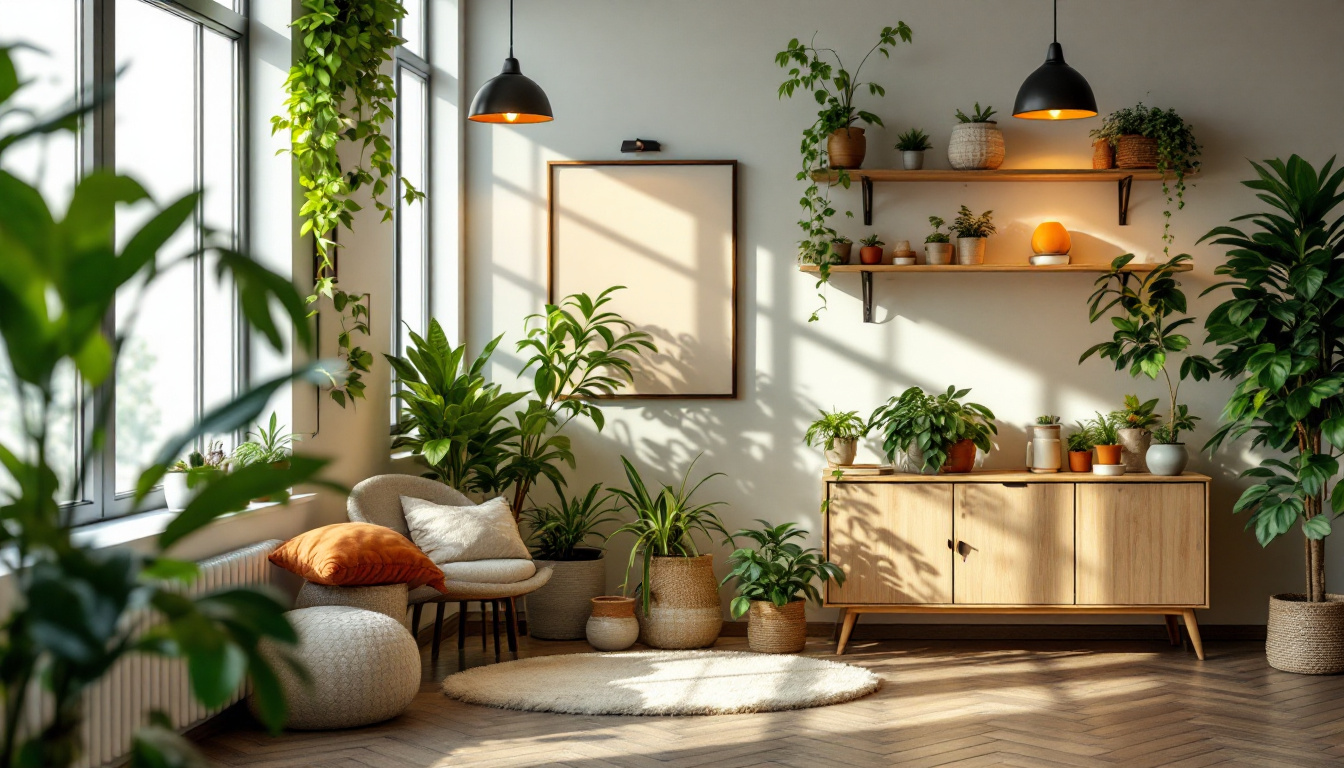 A cozy indoor corner filled with potted plants, warm lighting, a round rug, and comfortable seating near large windows.