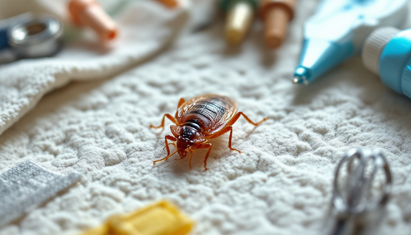 A detailed close-up of a bed bug on a white textured surface, surrounded by small household items.