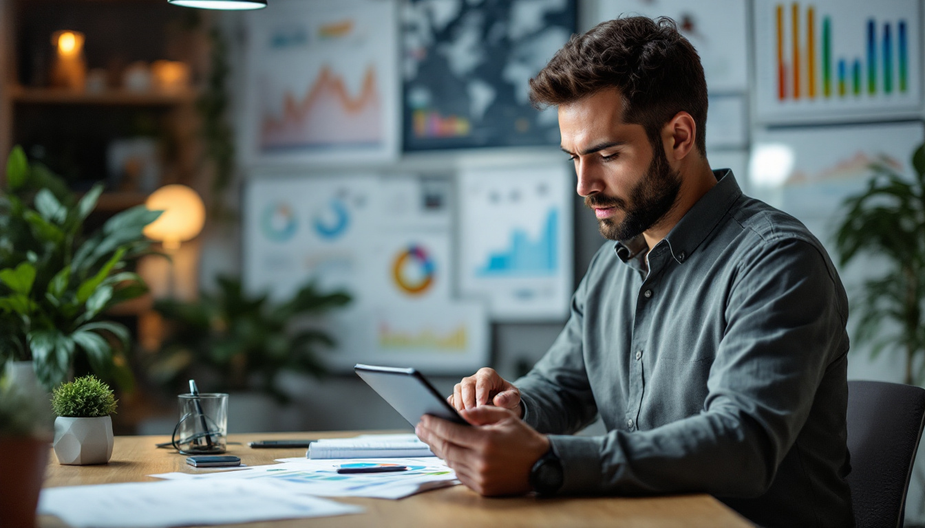 A focused man sits at a desk reviewing a tablet, surrounded by charts and graphs on the wall in a modern office.