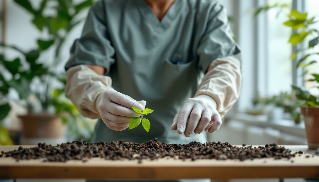 A gloved individual in scrubs plants a green seedling into soil on a table, surrounded by potted plants.
